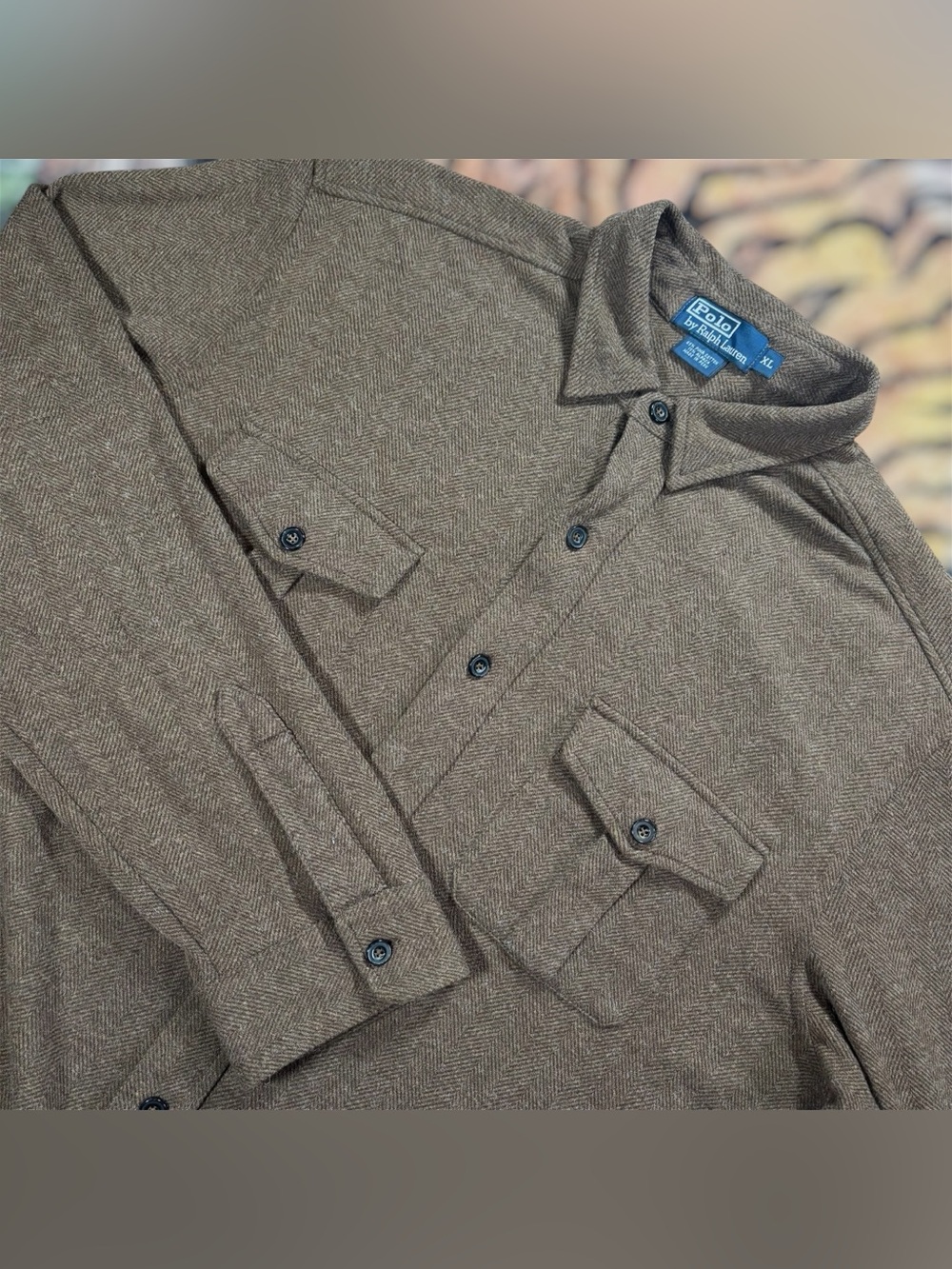 Vintage Polo Ralph Lauren Alpaca Blend Herringbone Military Button Up Shirt XL